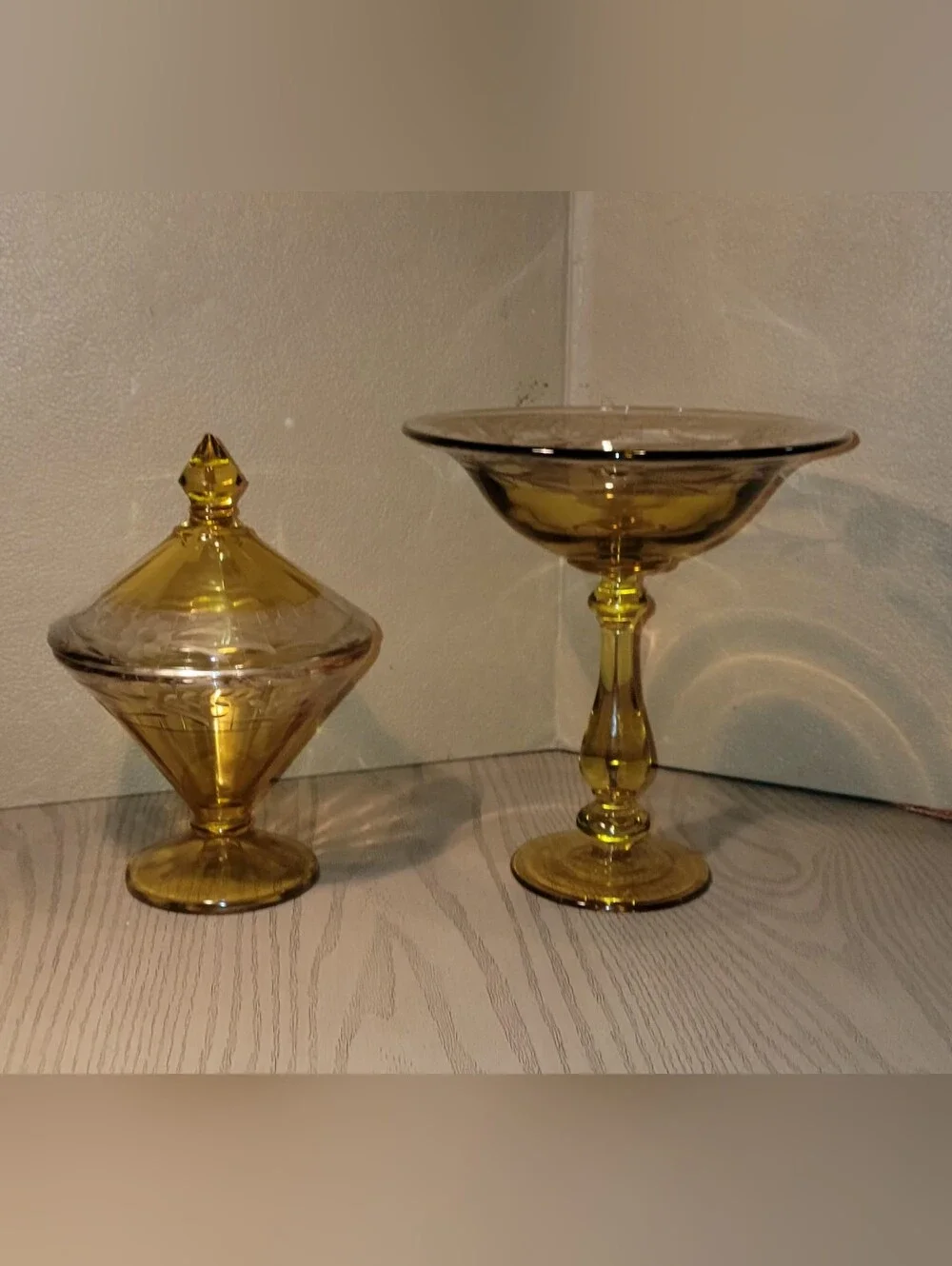 Amber Glass Compote and Lidded And Pedestal Candy Dishes  Set 6x7.5 And 7x8